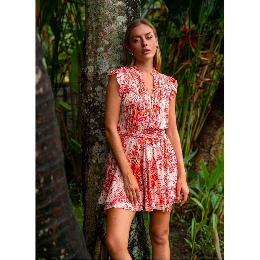 Poupette St Barth Pink Orange Floral Batik Mini Dress Flutter Sleeve Small